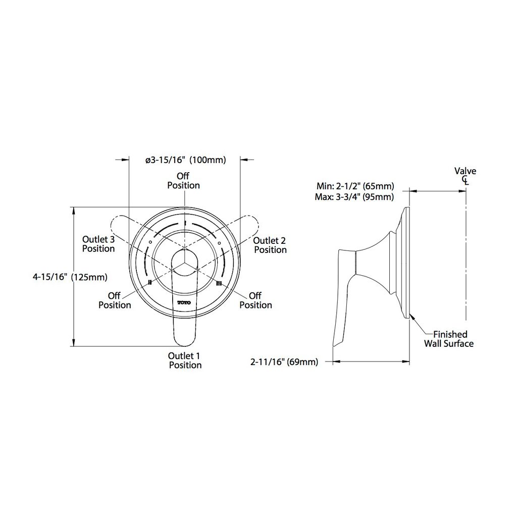 TOTO TS230X Wyeth Three Way Diverter Trim With Off Chrome 2