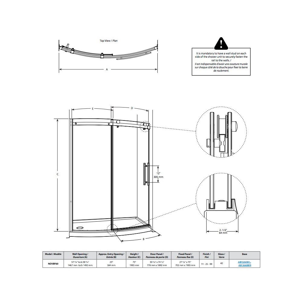 Fleuro NOVBF48 Novara Bowfront 75 Brushed Nickel Right 2