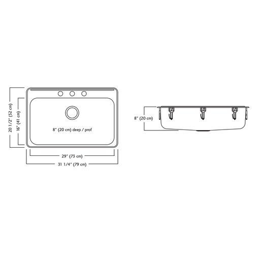 Kindred QSLA2031/8 31 x 20 Single Bowl Stainless Steel Drop In Sink 3 Holes 2