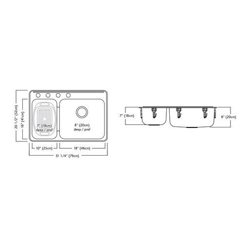 Kindred QCLA2031R/8 31 x 20 Double Bowl Kitchen Sink 3 Holes 2