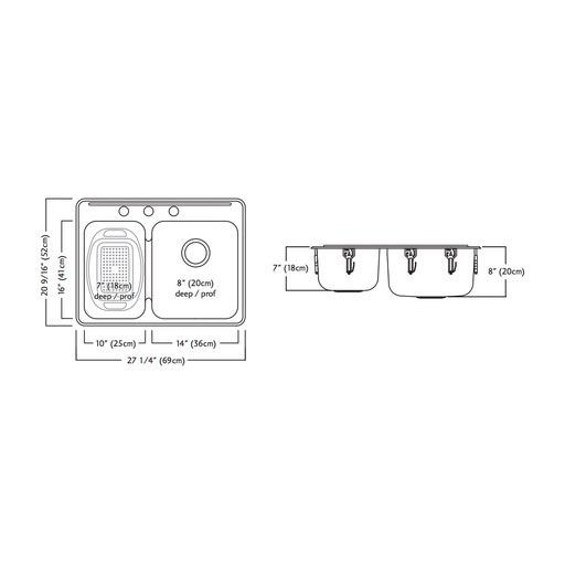 Kindred QCLA2027L/8 27 x 20 Doouble Bowl Kitchen Sink 3 Holes 2