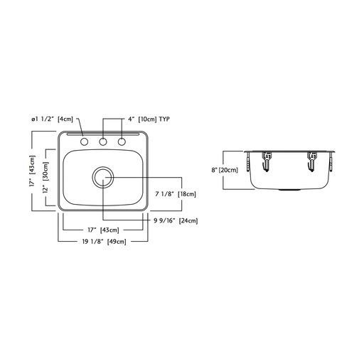 Kindred QSL1719-8-1 Single Bowl Ledgeback 20 Gauge 1 Faucet Hole 2