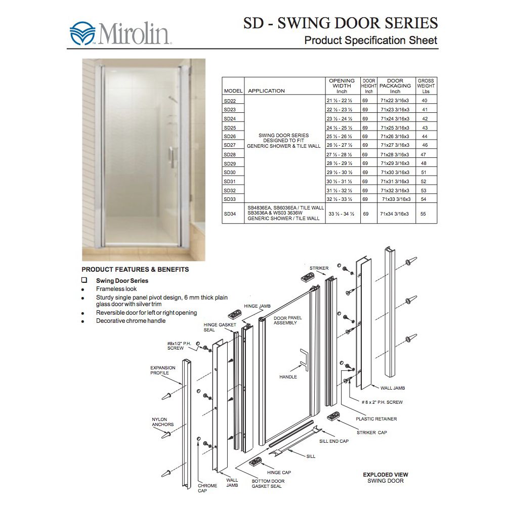 Mirolin MSD24 Framed Swing Door Plain Silver 2